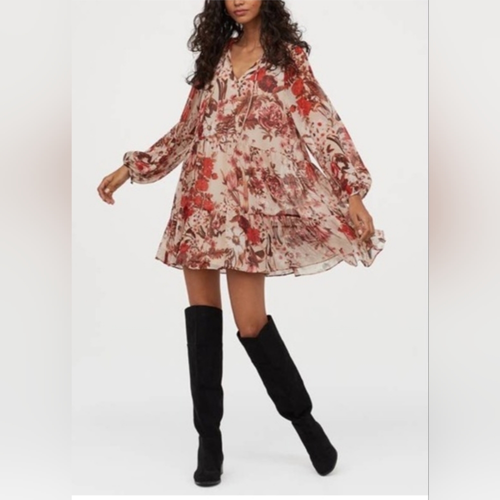H&M Floral Midi Dress in Blush and Rust
